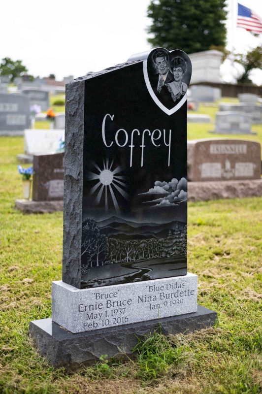 Coffey Headstone with Etched Couple Design in Heart Side Photo