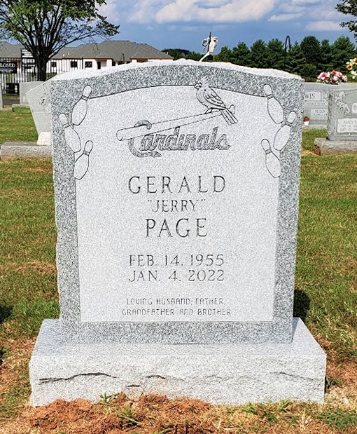 Page Individual Headstone with Louisville Cardinals Baseball and Bowling Pin Carvings